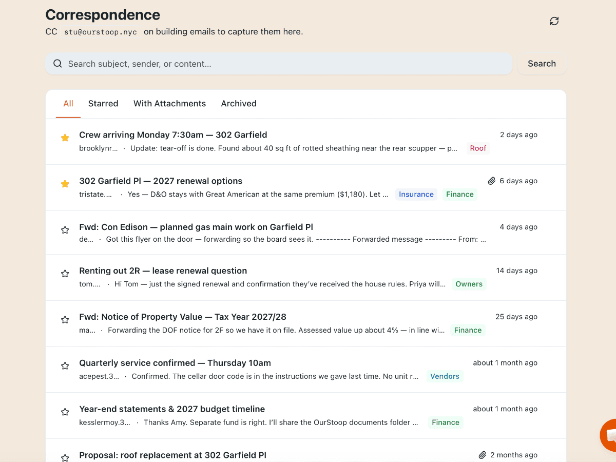 OurStoop correspondence inbox of building emails tagged by topic