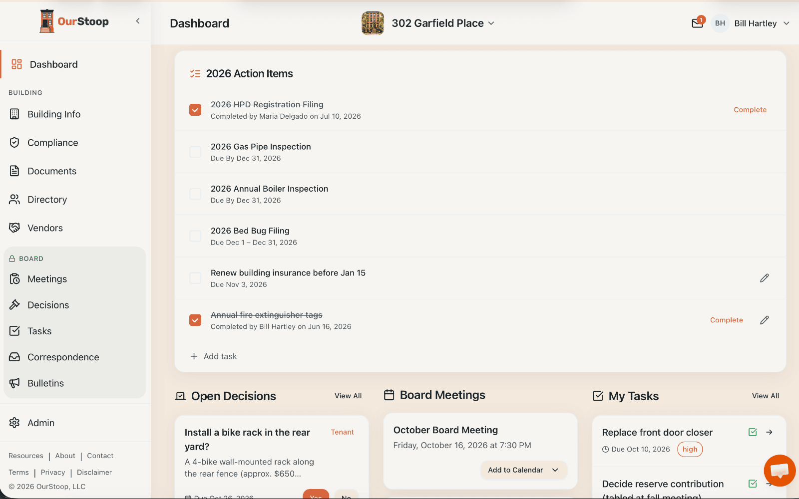 OurStoop dashboard: action items, open decisions, board meetings, and tasks