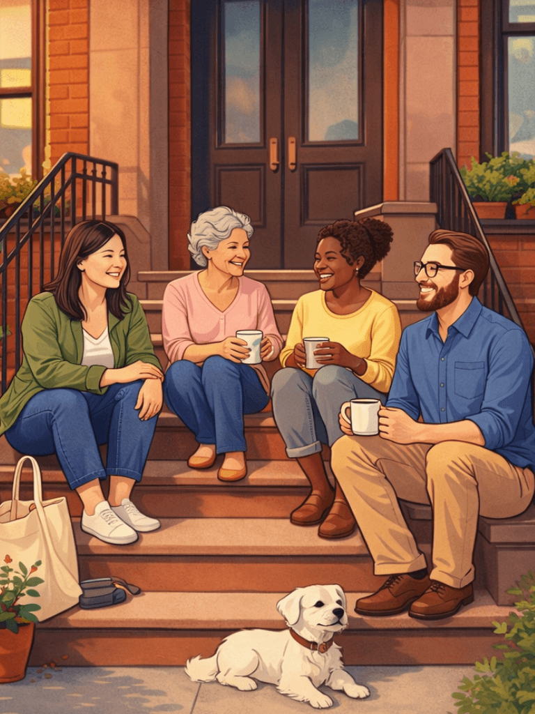 Neighbors gathered on a stoop