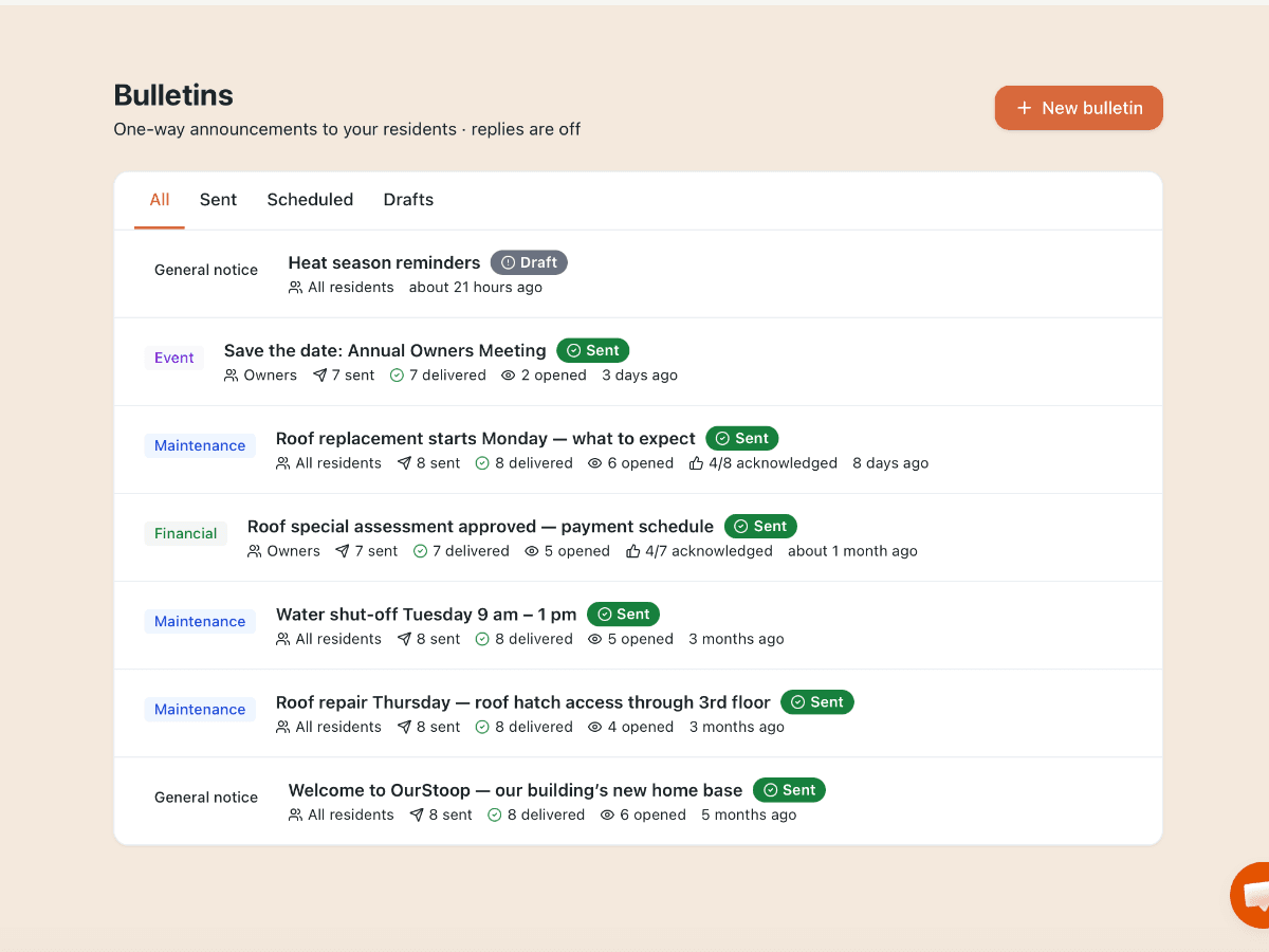 OurStoop bulletins list of resident announcements with delivery and open counts